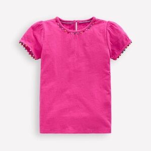 Mini Boden Ali Puff Sleeve Pom T shirt pink 3-4 years
